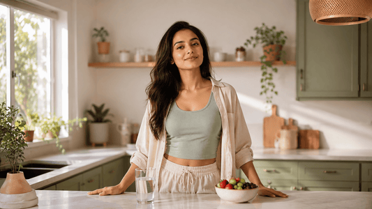 Young Indian woman at bright kitchen counter with healthy food representing PCOS management and metabolic health