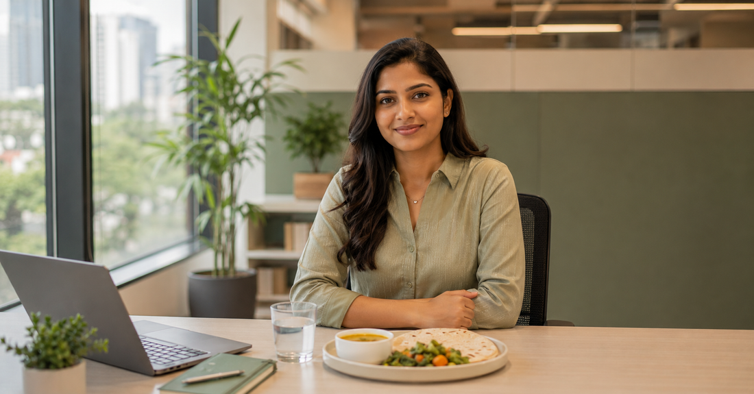 Indian woman at office desk with balanced meal, representing metabolic health and weight management in urban India