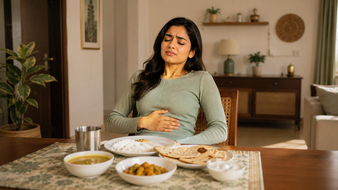 Indian woman at dining table after a meal of dal rice and roti feeling bloated and uncomfortable