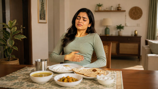 Indian woman at dining table after a meal of dal rice and roti feeling bloated and uncomfortable