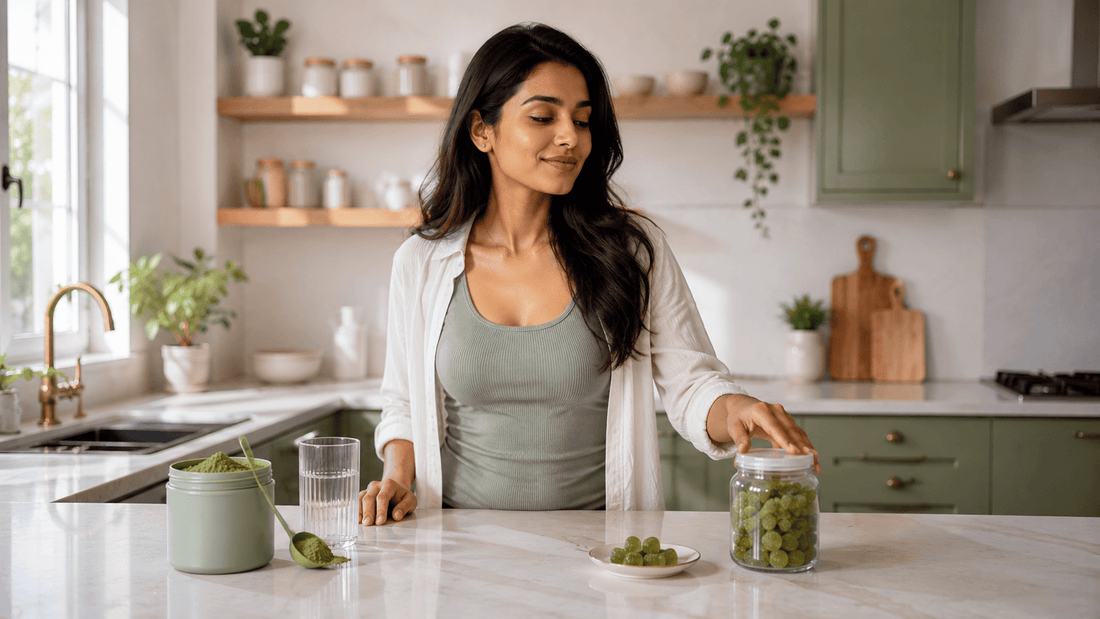 Indian adult choosing between green gummies jar and greens powder tub on a kitchen counter