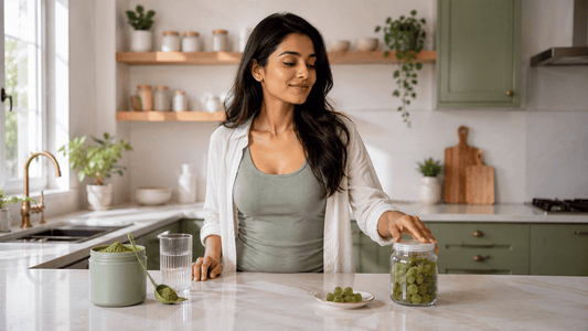 Indian adult choosing between green gummies jar and greens powder tub on a kitchen counter