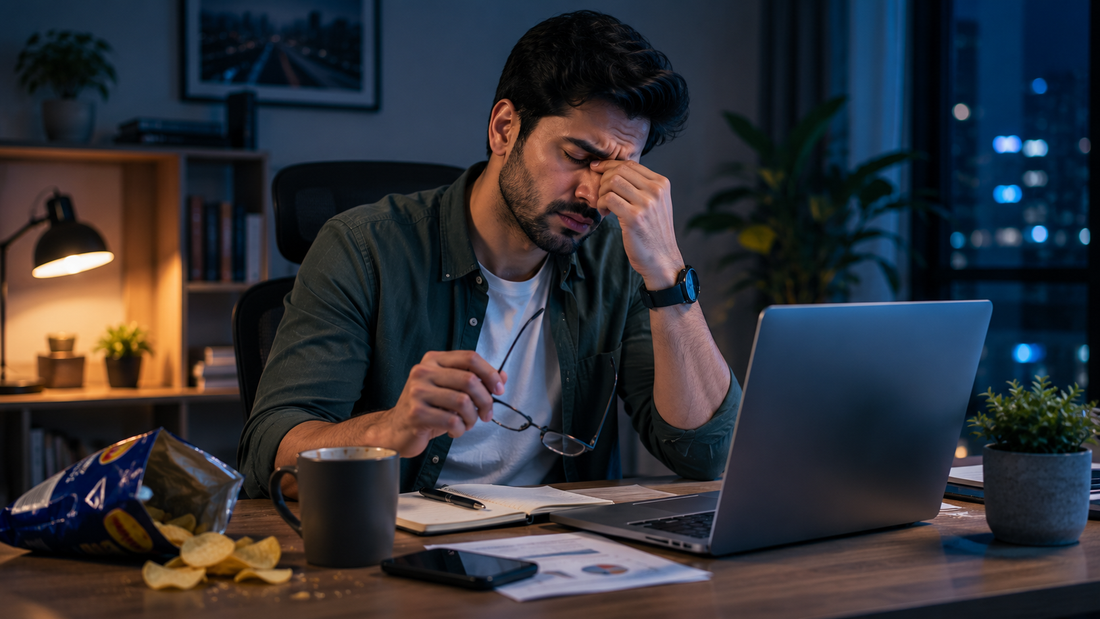 Tired Indian professional at desk late at night with unhealthy snacks, showing sleep deprivation and weight gain connection